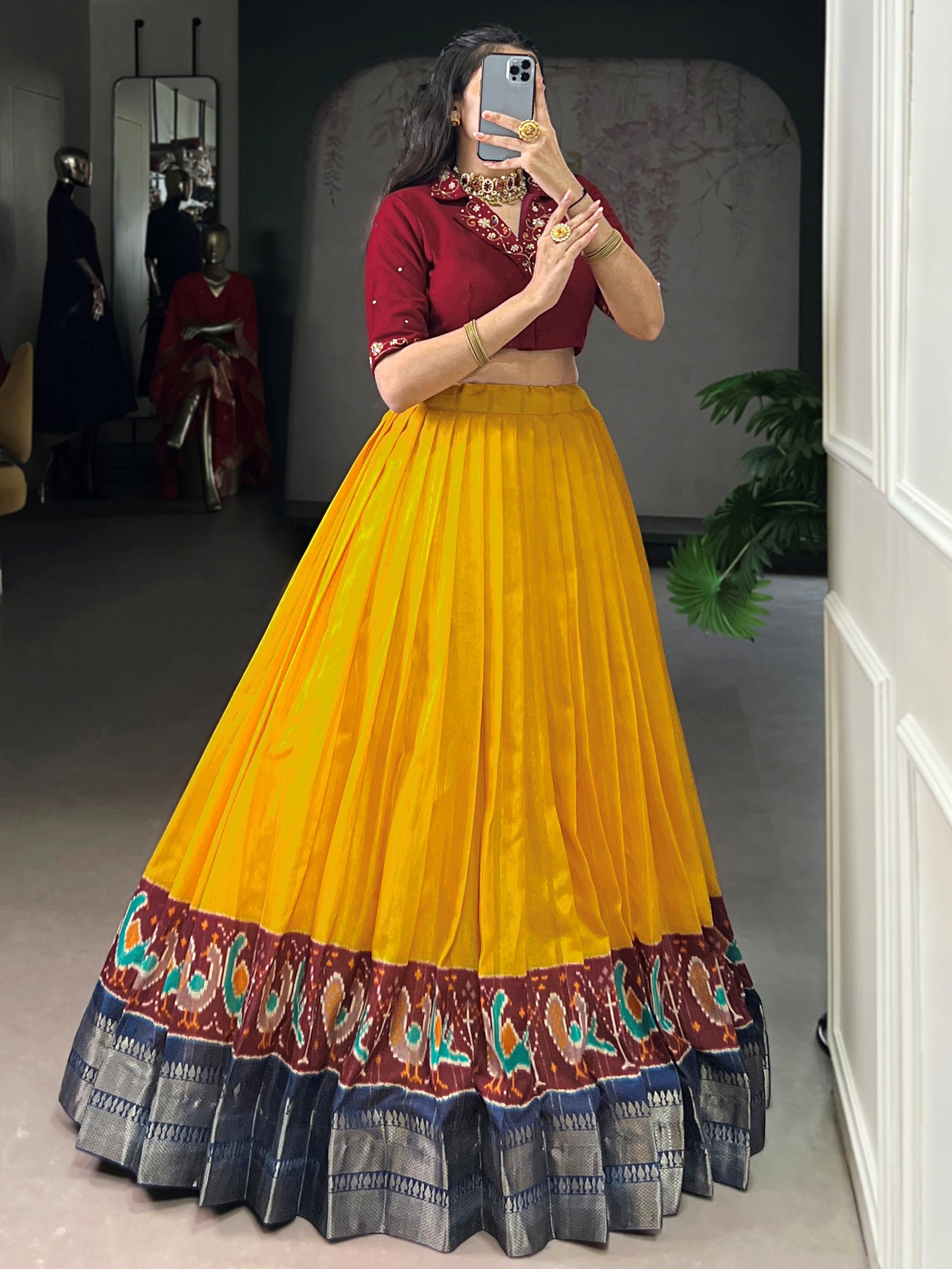 Glamorous Mustard Zari Weaving Cotton Festival Wear Crop Top Lehenga