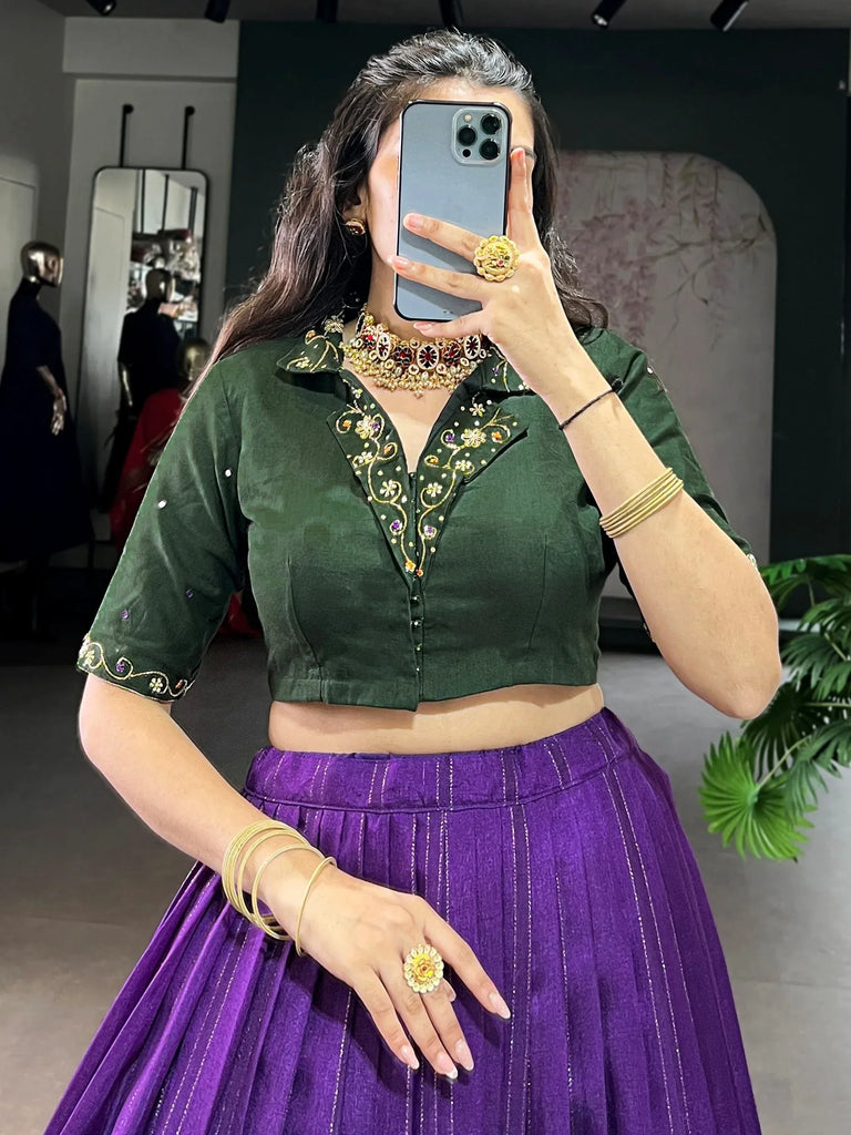 Magnificent Purple Printed Cotton Festival Wear Crop Top Lehenga