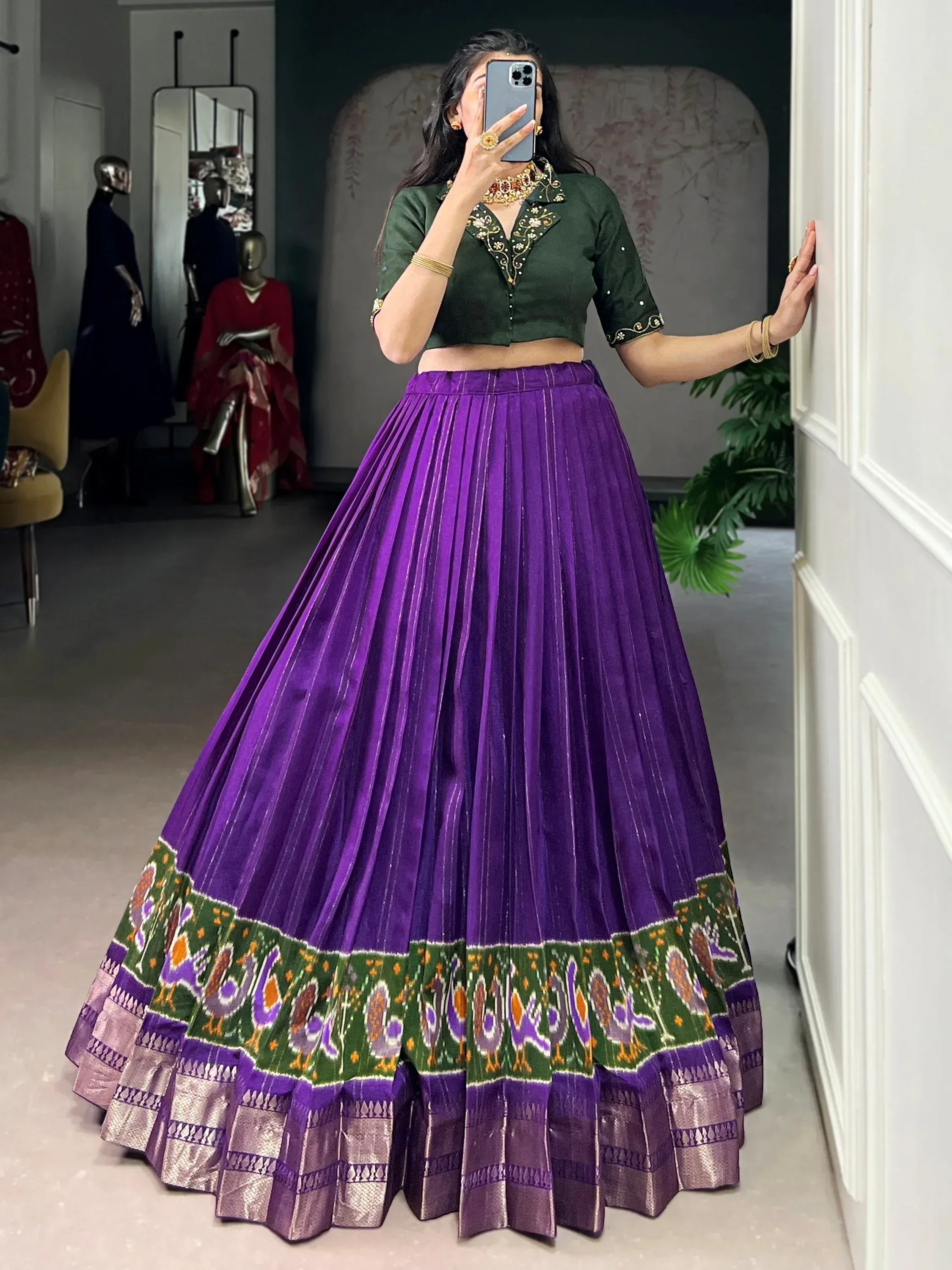 Magnificent Purple Printed Cotton Festival Wear Crop Top Lehenga
