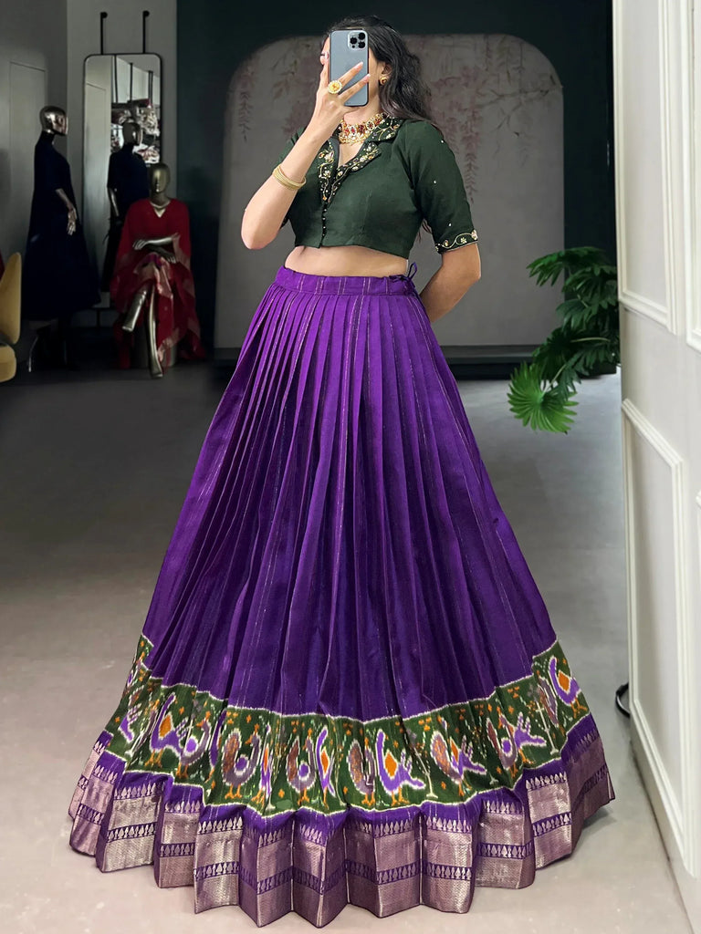 Magnificent Purple Printed Cotton Festival Wear Crop Top Lehenga