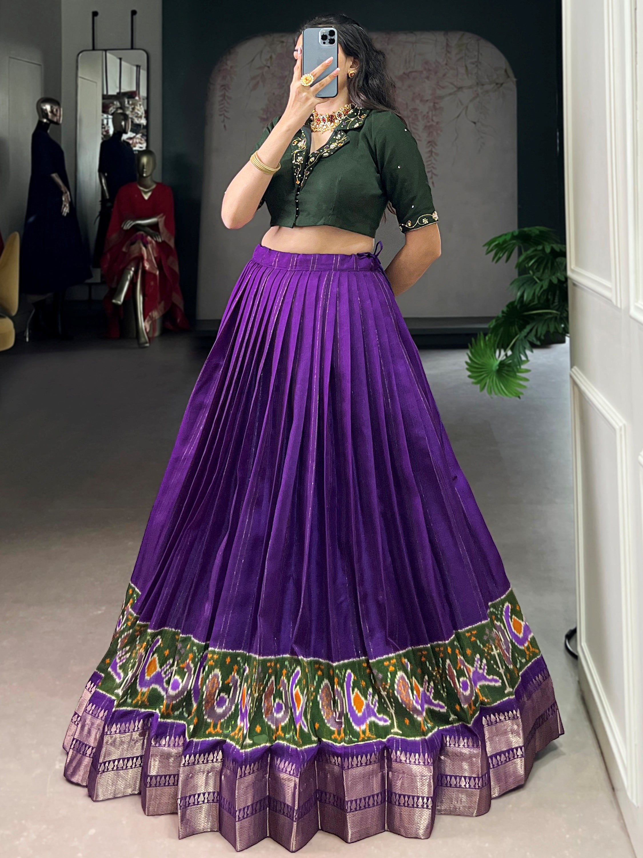 Magnificent Purple Printed Cotton Festival Wear Crop Top Lehenga
