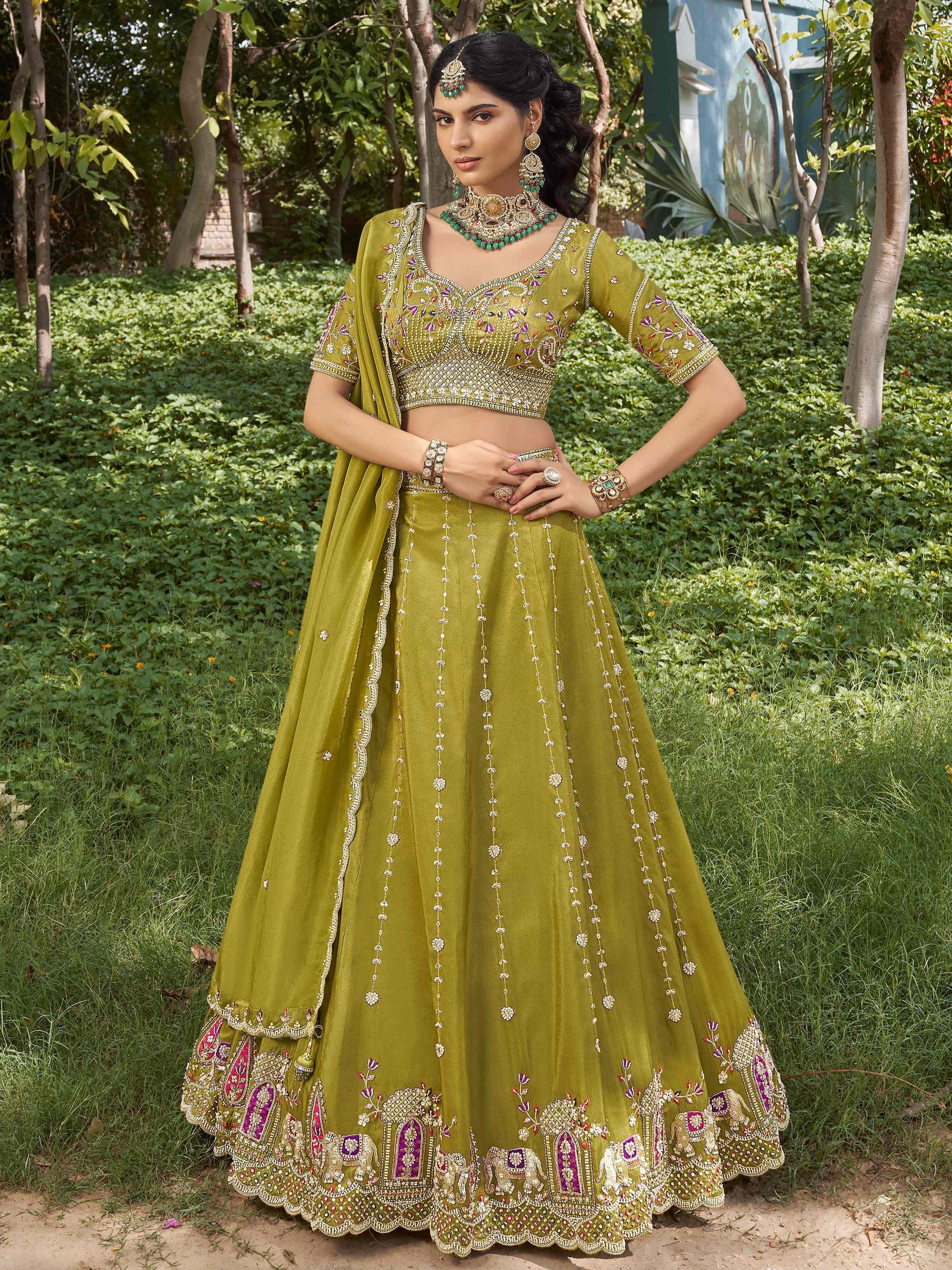 Glowing Green Embroidered Tissue Wedding Wear Lehenga Choli 