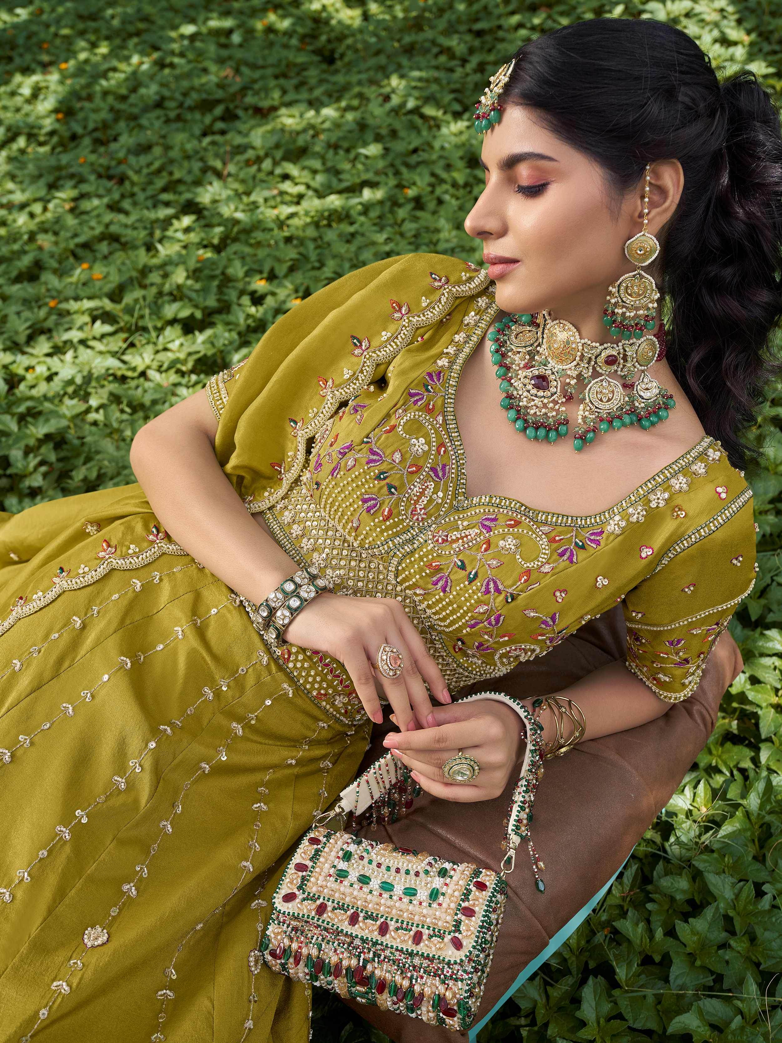 Glowing Green Embroidered Tissue Wedding Wear Lehenga Choli 