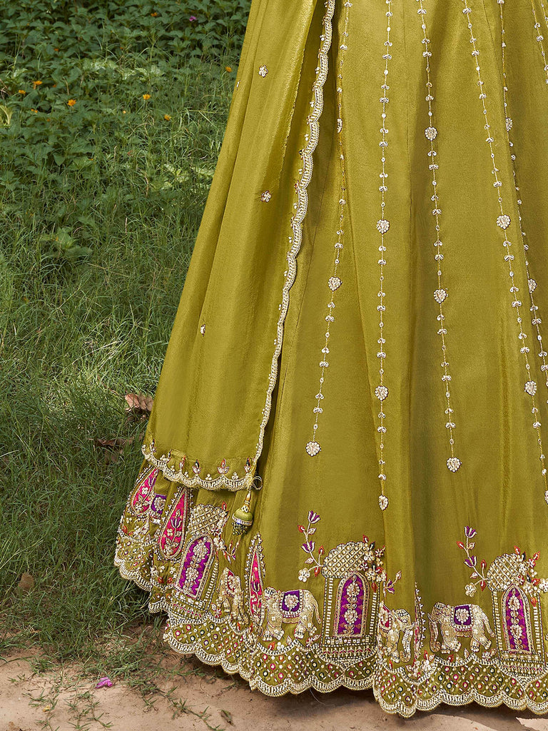 Glowing Green Embroidered Tissue Wedding Wear Lehenga Choli 