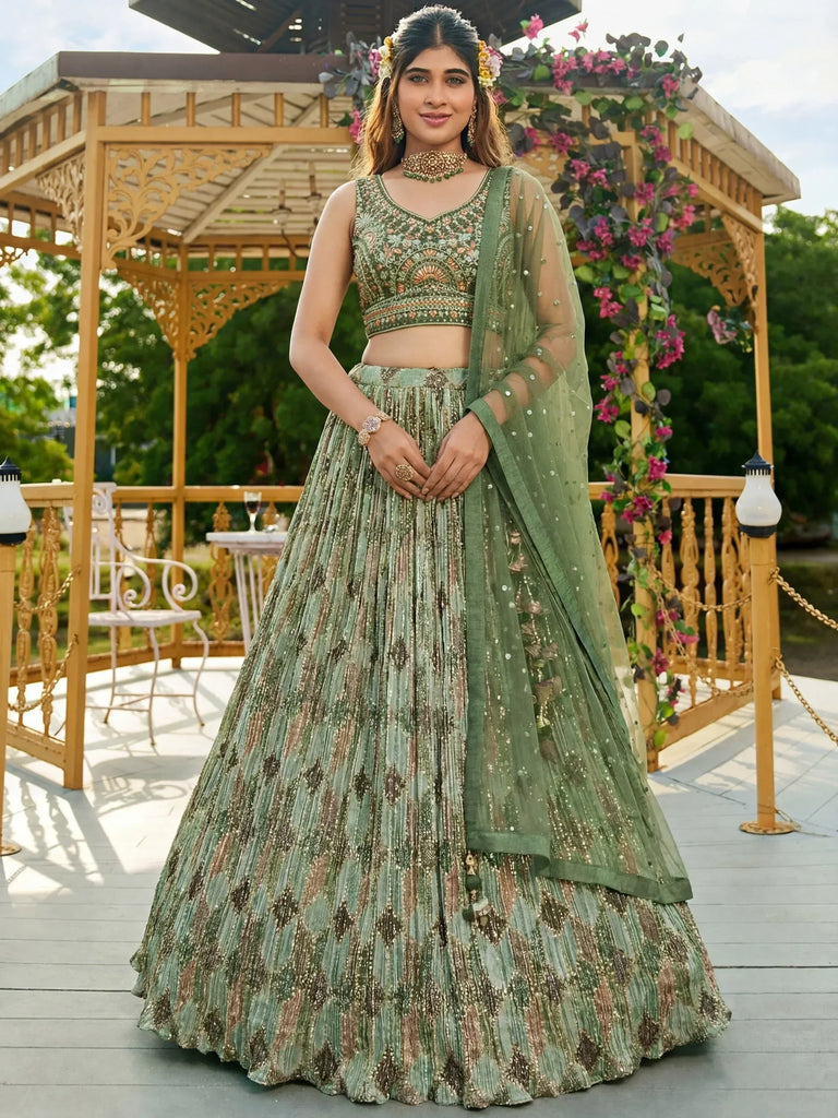 Gorgeous Green Embroidered Chinon Function Wear Lehenga Choli