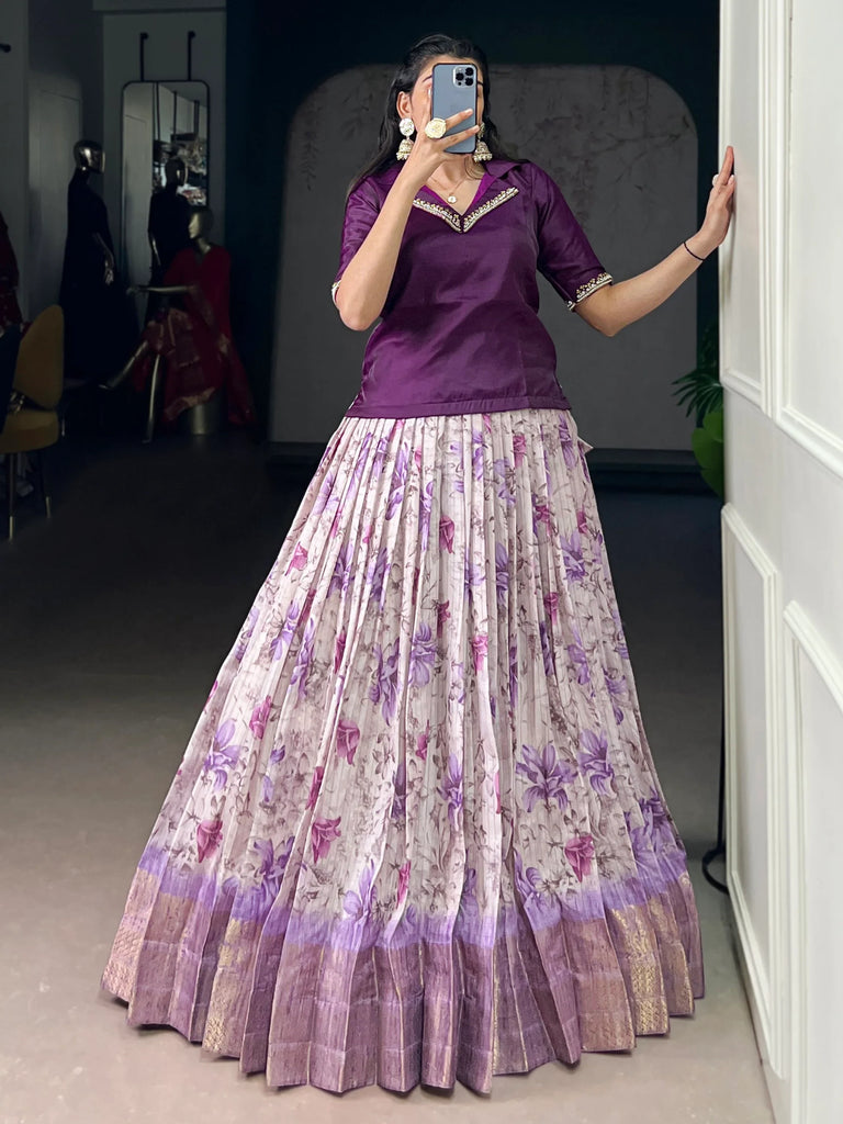 Classic Purple Floral Printed Dola Silk Festive Wear Co-Ord Lehenga Set