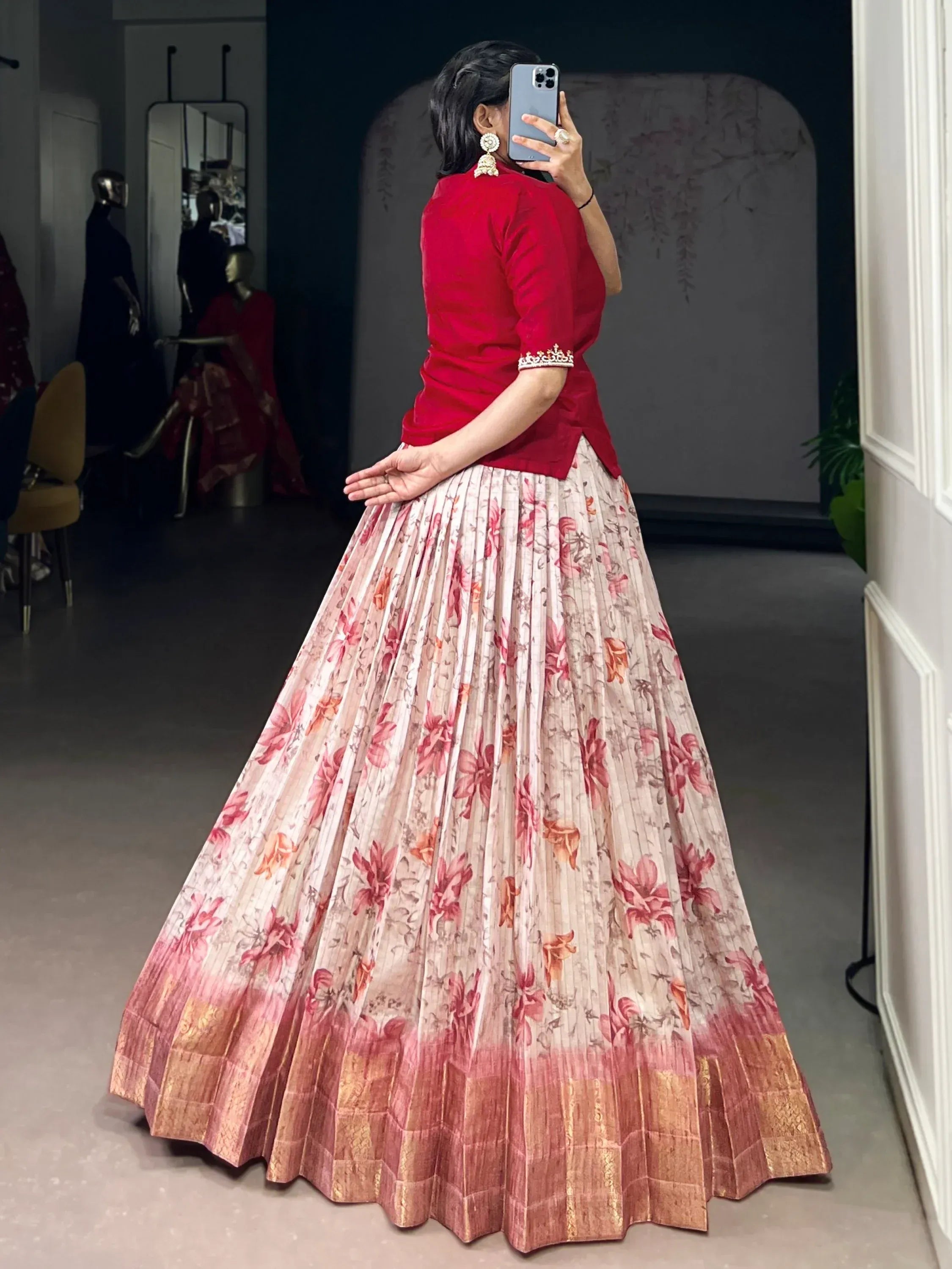 Captivating Red Printed Silk Wedding Wear Co-Ord Lehenga Choli Set