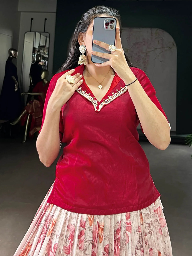 Captivating Red Printed Silk Wedding Wear Co-Ord Lehenga Choli Set