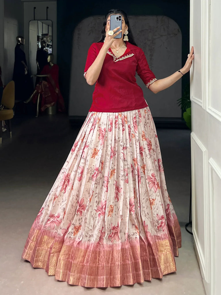 Captivating Red Printed Silk Wedding Wear Co-Ord Lehenga Choli Set
