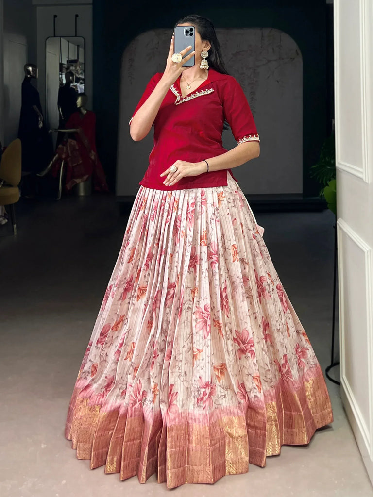 Captivating Red Printed Silk Wedding Wear Co-Ord Lehenga Choli Set