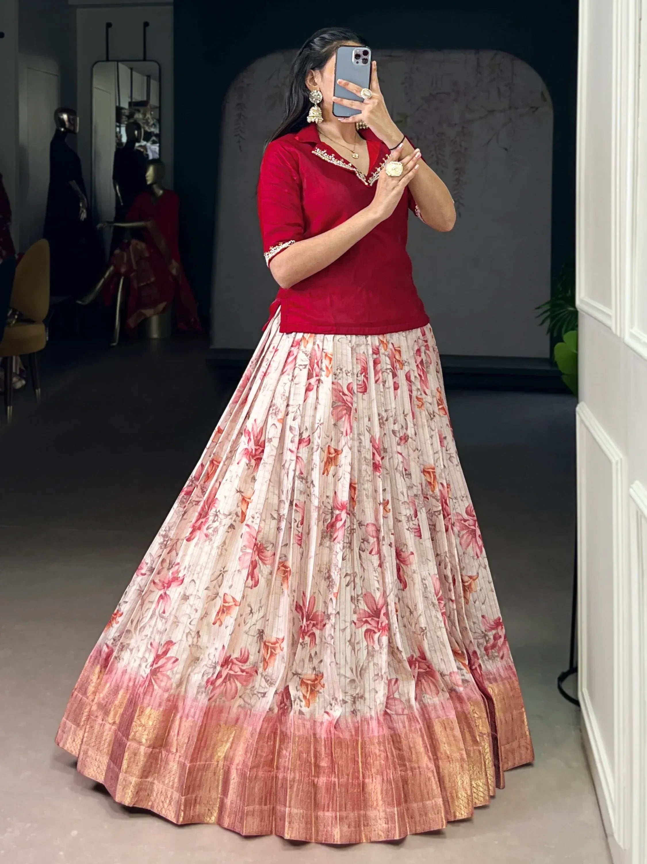 Captivating Red Printed Silk Wedding Wear Co-Ord Lehenga Choli Set