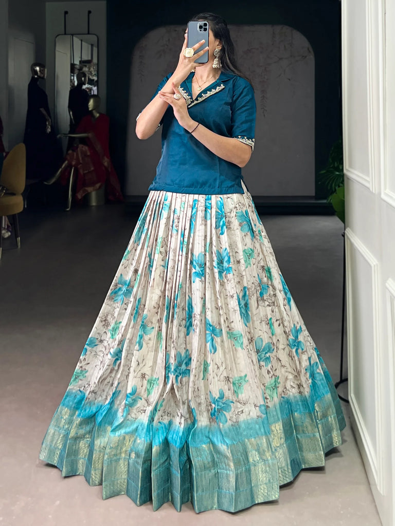 Superb Teal Blue Digital Printed Silk Sangeet Wear Co-Ord Lehenga Choli Set