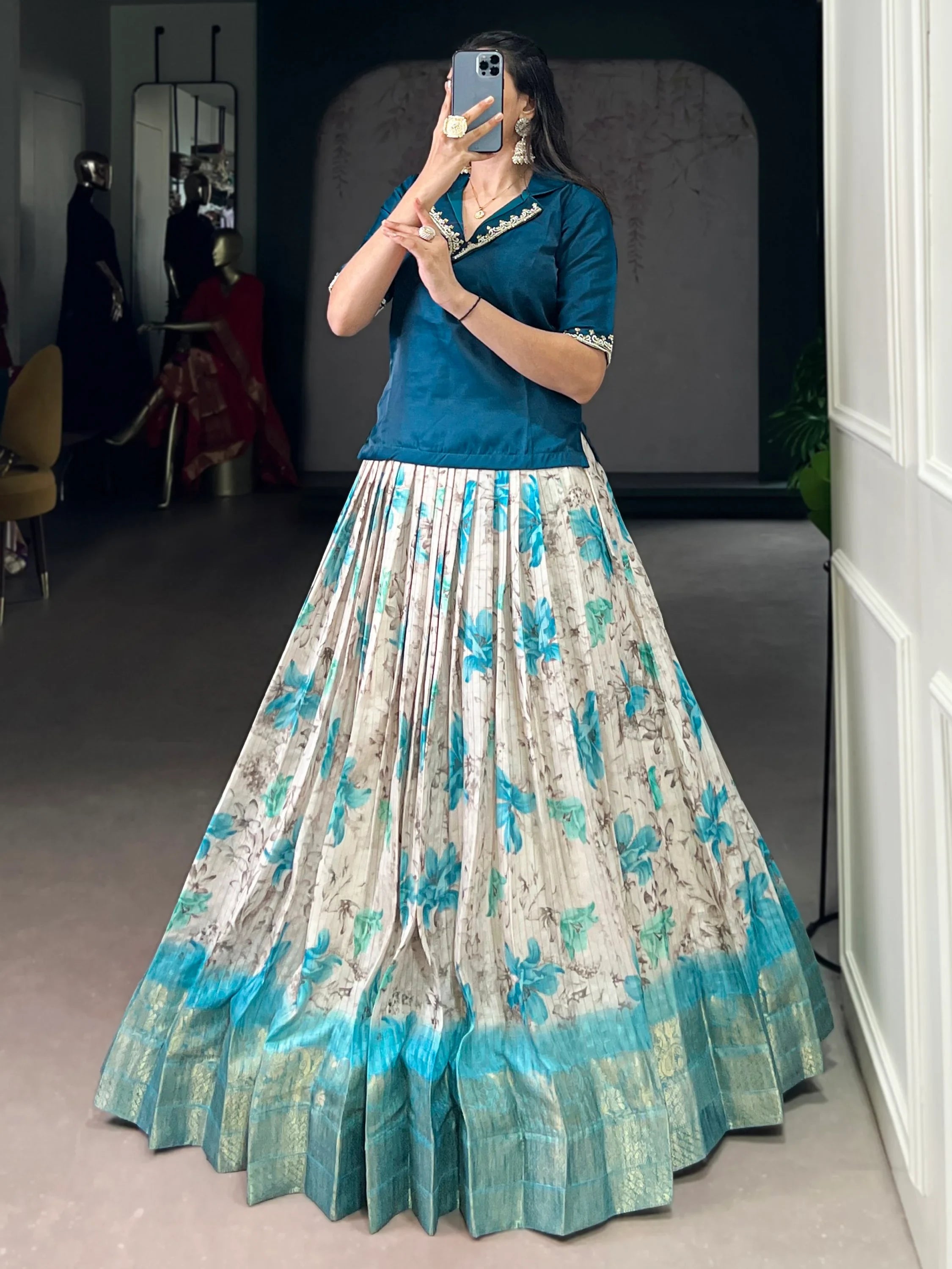Superb Teal Blue Digital Printed Silk Sangeet Wear Co-Ord Lehenga Choli Set
