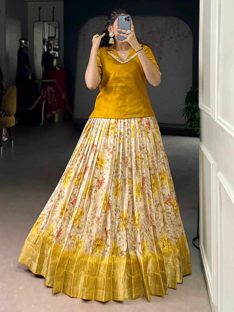 Incredible Yellow Printed Silk Haldi Wear Co-Ord Lehenga Set
