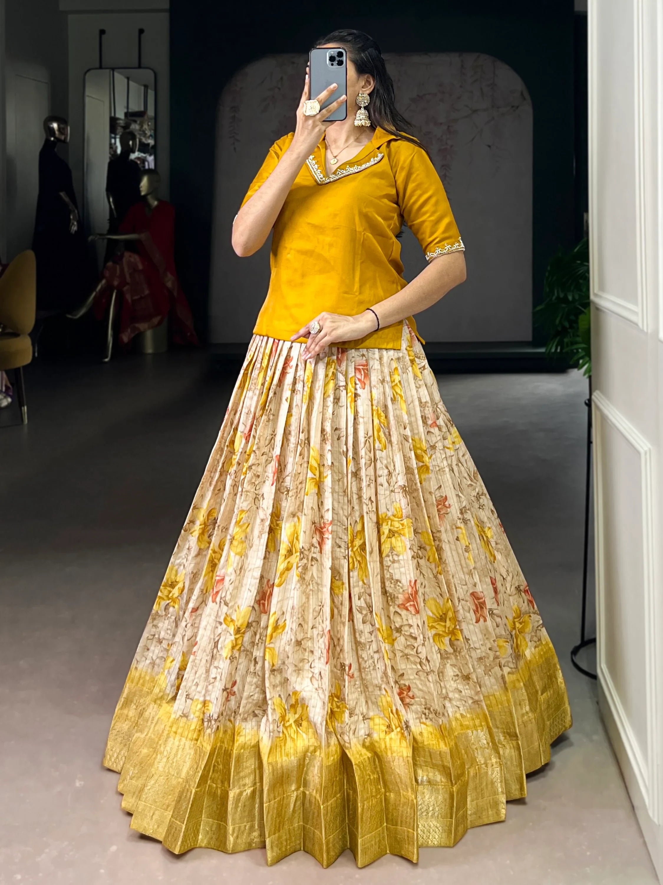 Incredible Yellow Printed Silk Haldi Wear Co-Ord Lehenga Set