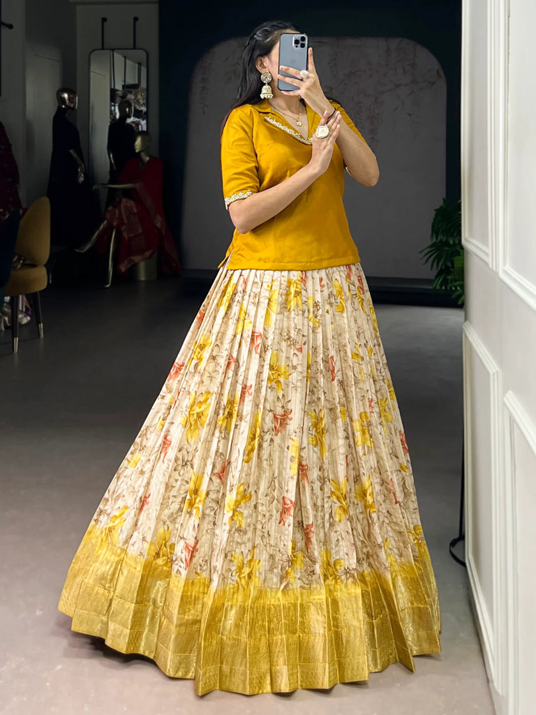 Incredible Yellow Printed Silk Haldi Wear Co-Ord Lehenga Set