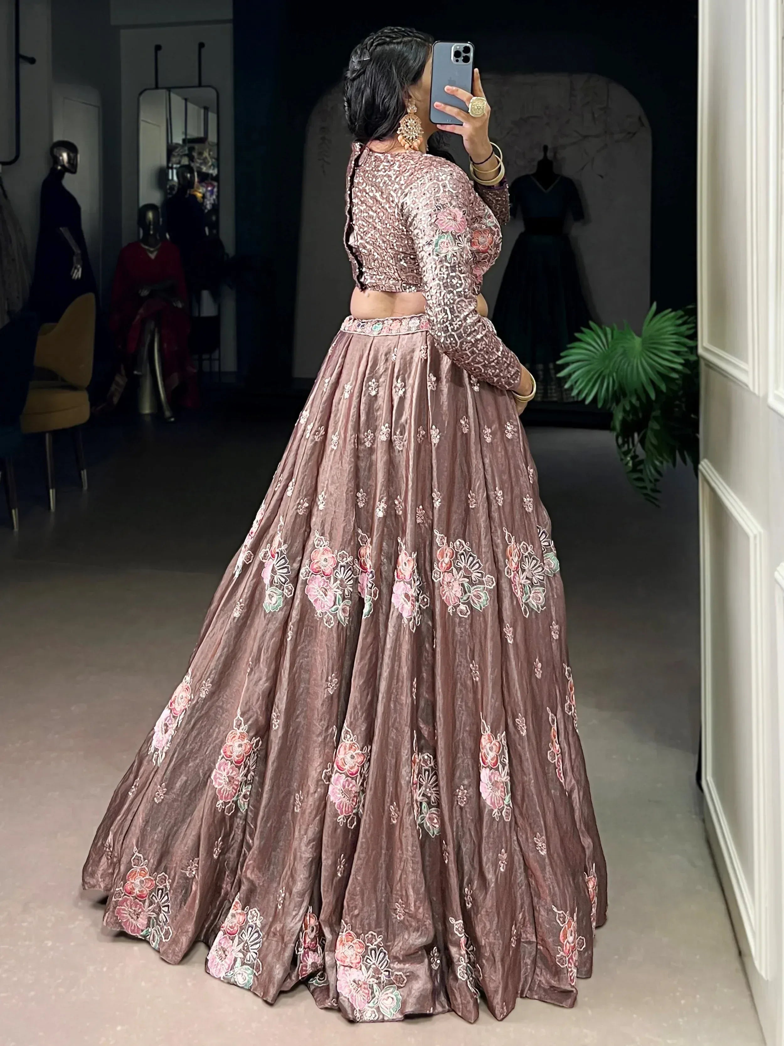 Elegant Pink Embroidered Organza Party Wear Crop Top Lehenga  