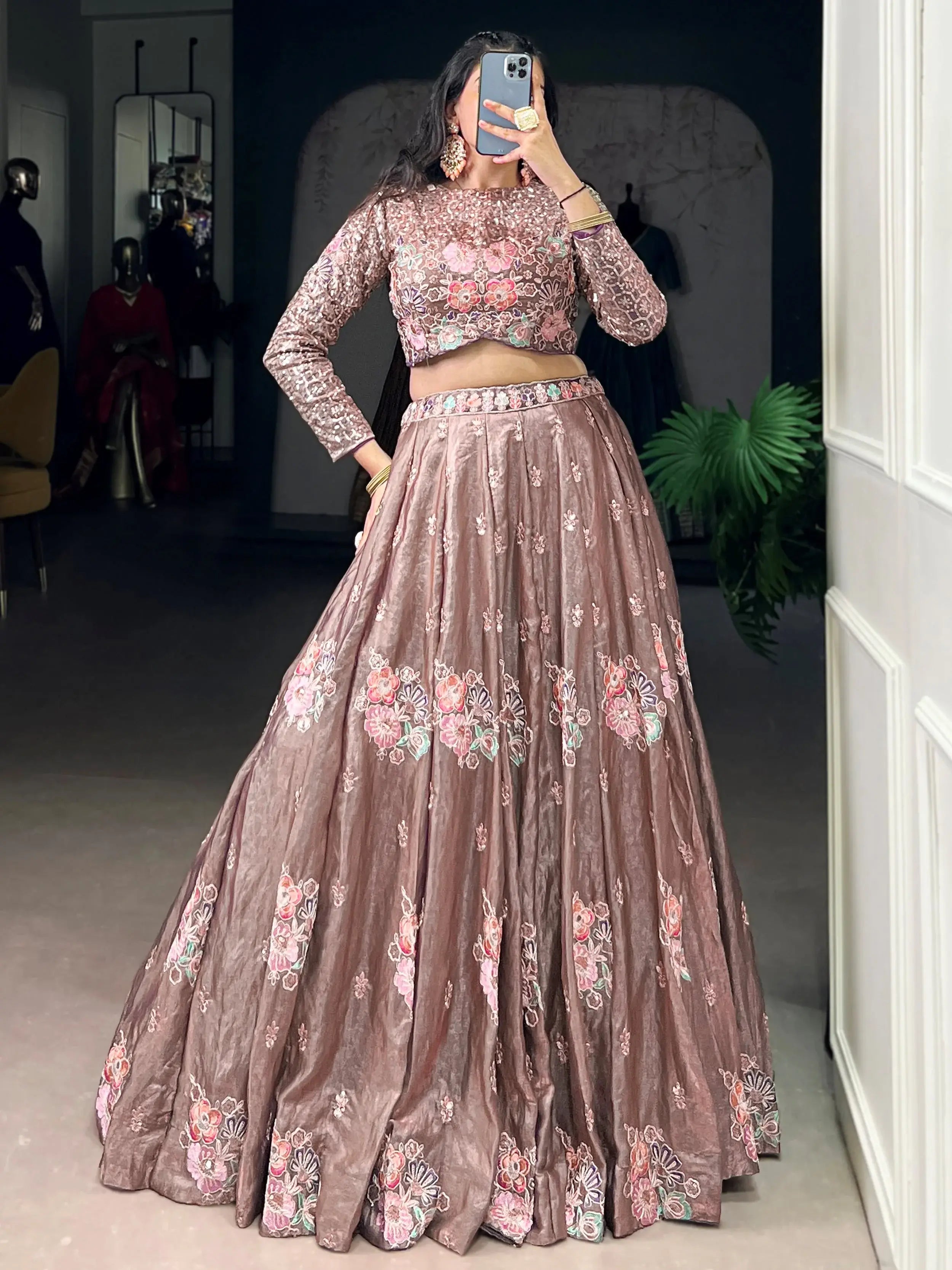 Elegant Pink Embroidered Organza Party Wear Crop Top Lehenga  