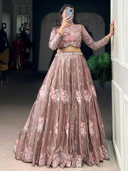 Elegant Pink Embroidered Organza Party Wear Crop Top Lehenga  