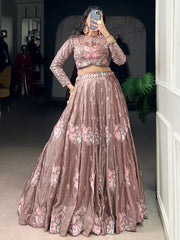 Elegant Pink Embroidered Organza Party Wear Crop Top Lehenga  