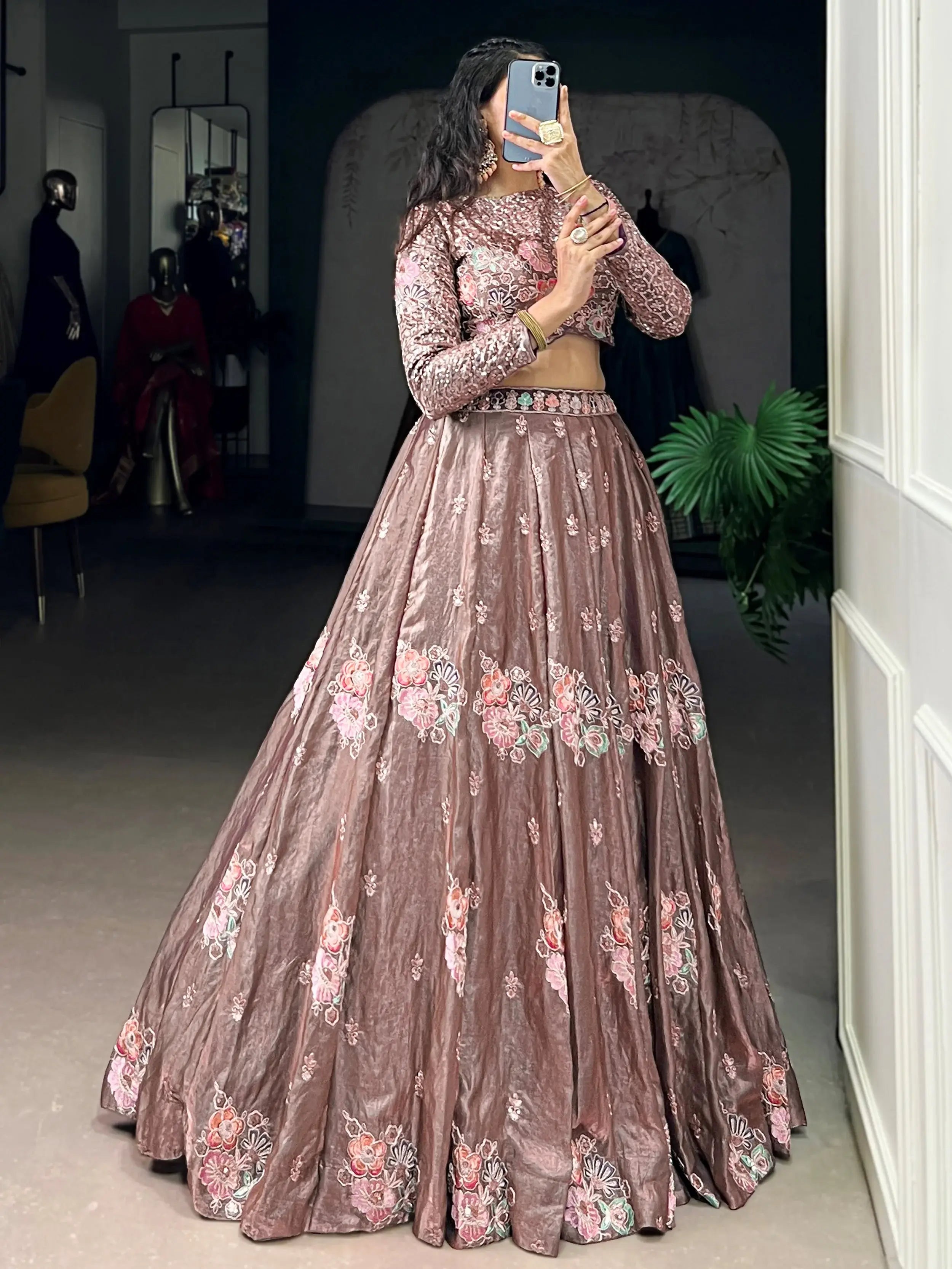 Elegant Pink Embroidered Organza Party Wear Crop Top Lehenga  