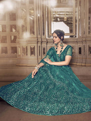 Superb Dark Rama Thread Embroidery Soft Net Party Wear Lehenga Choli