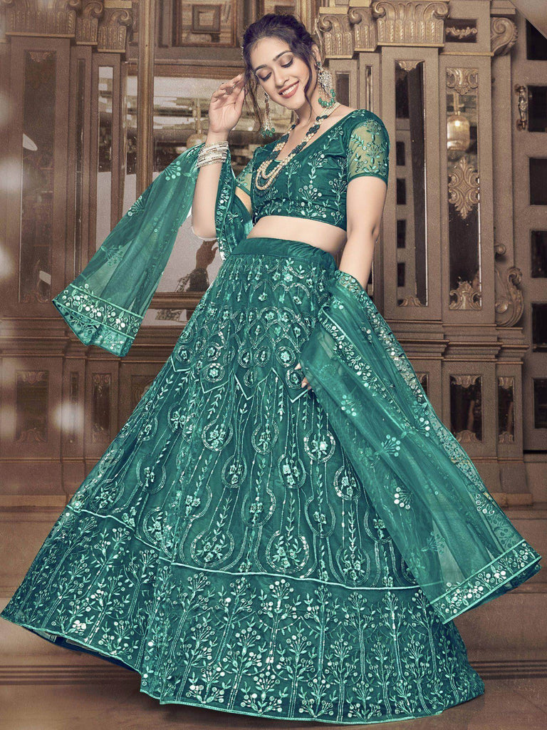Superb Dark Rama Thread Embroidery Soft Net Party Wear Lehenga Choli