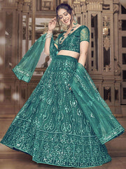 Superb Dark Rama Thread Embroidery Soft Net Party Wear Lehenga Choli