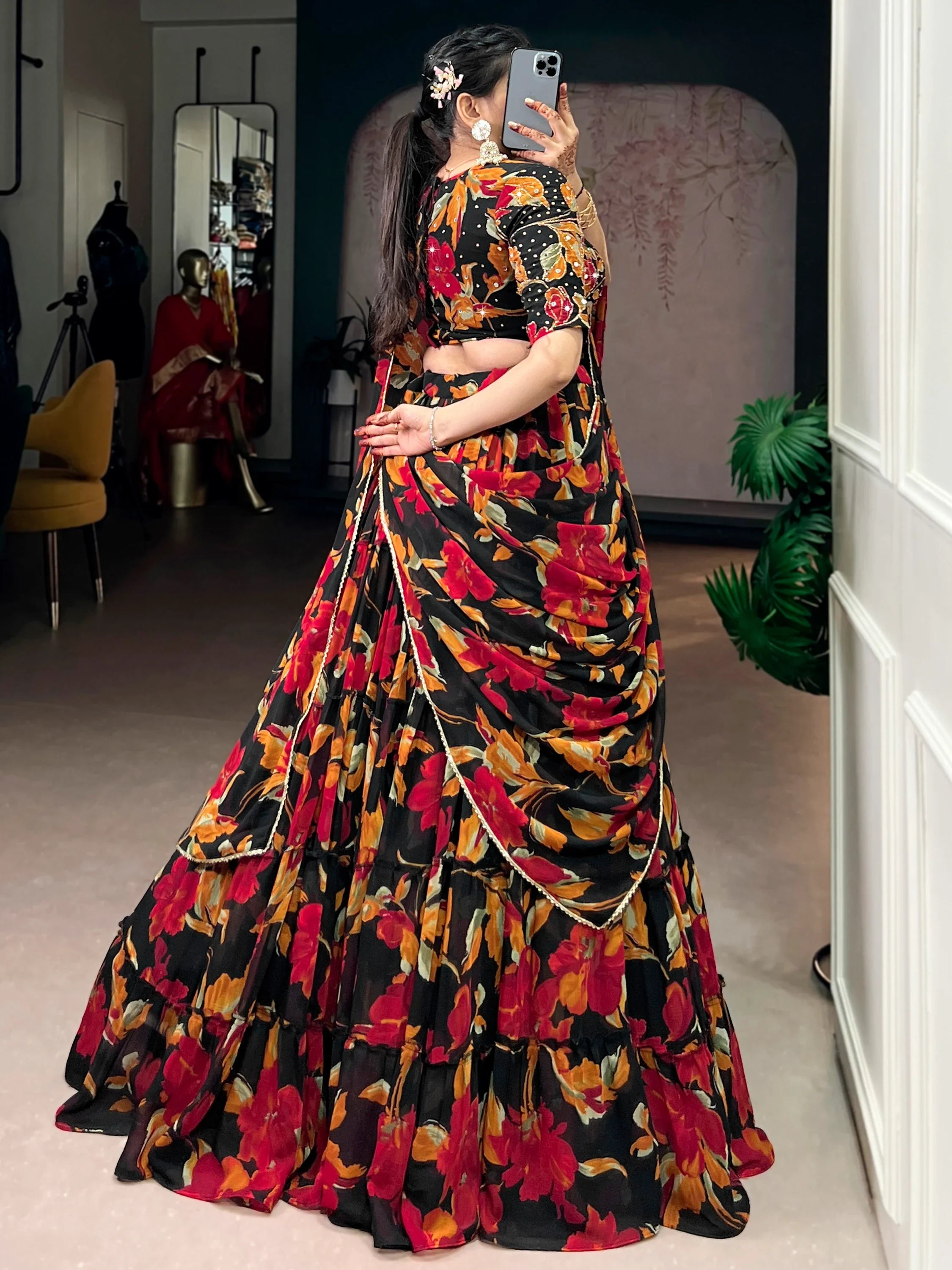 Amazing Black Floral Printed Georgette Function Wear Lehenga Choli