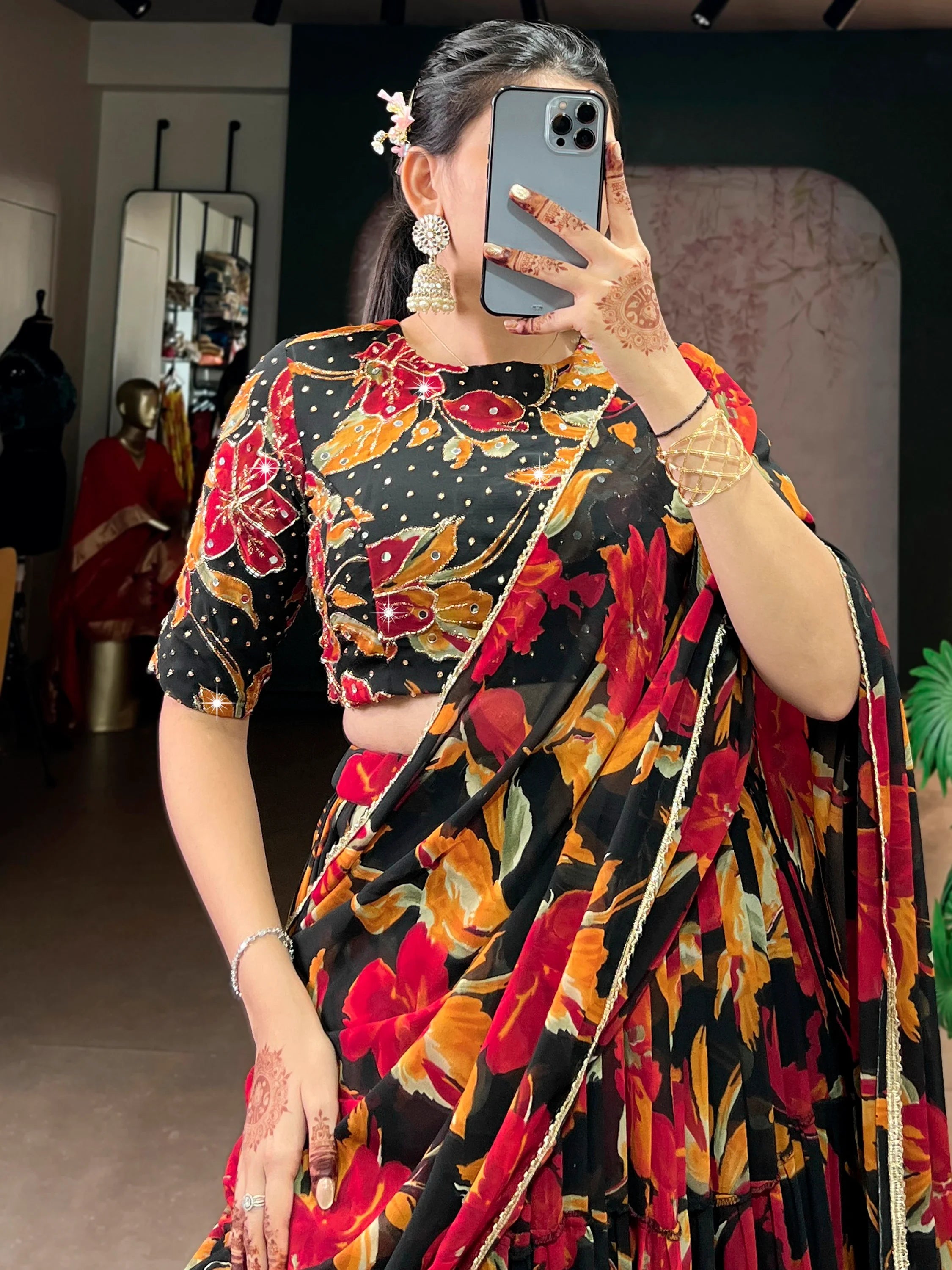 Amazing Black Floral Printed Georgette Function Wear Lehenga Choli