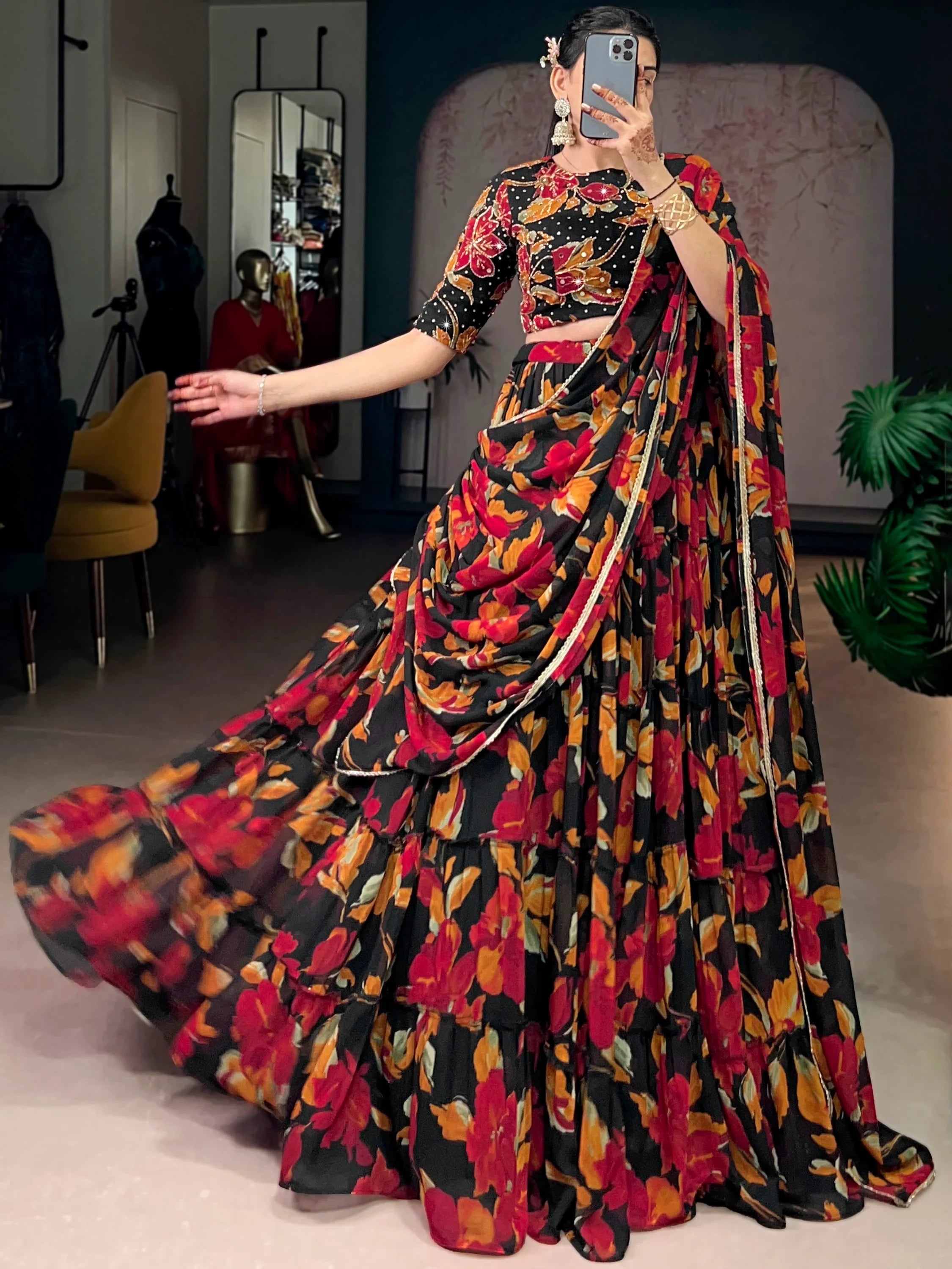 Amazing Black Floral Printed Georgette Function Wear Lehenga Choli