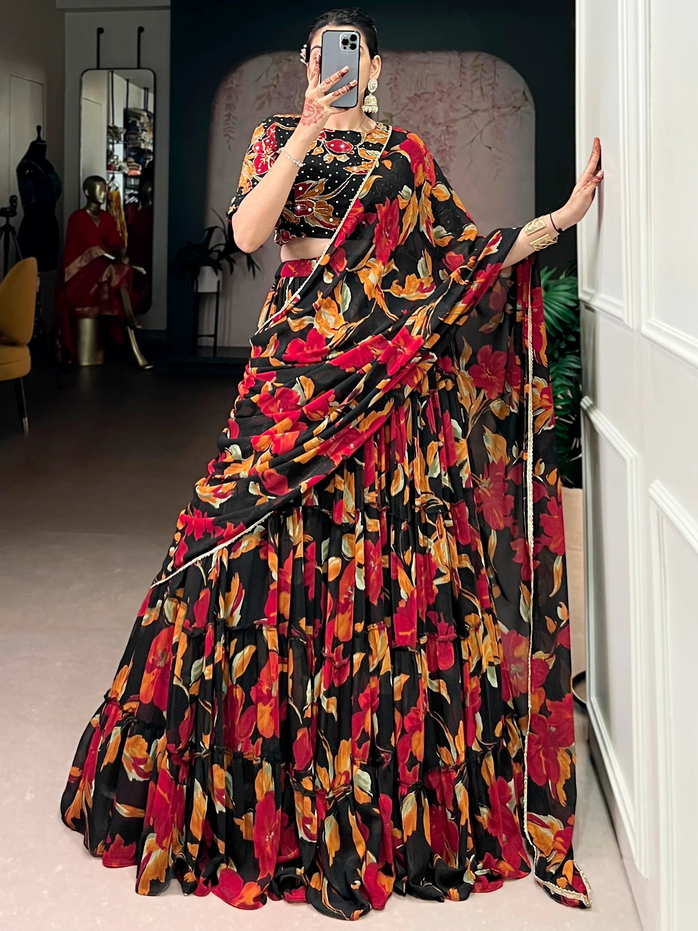 Amazing Black Floral Printed Georgette Function Wear Lehenga Choli