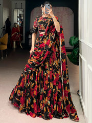 Amazing Black Floral Printed Georgette Function Wear Lehenga Choli