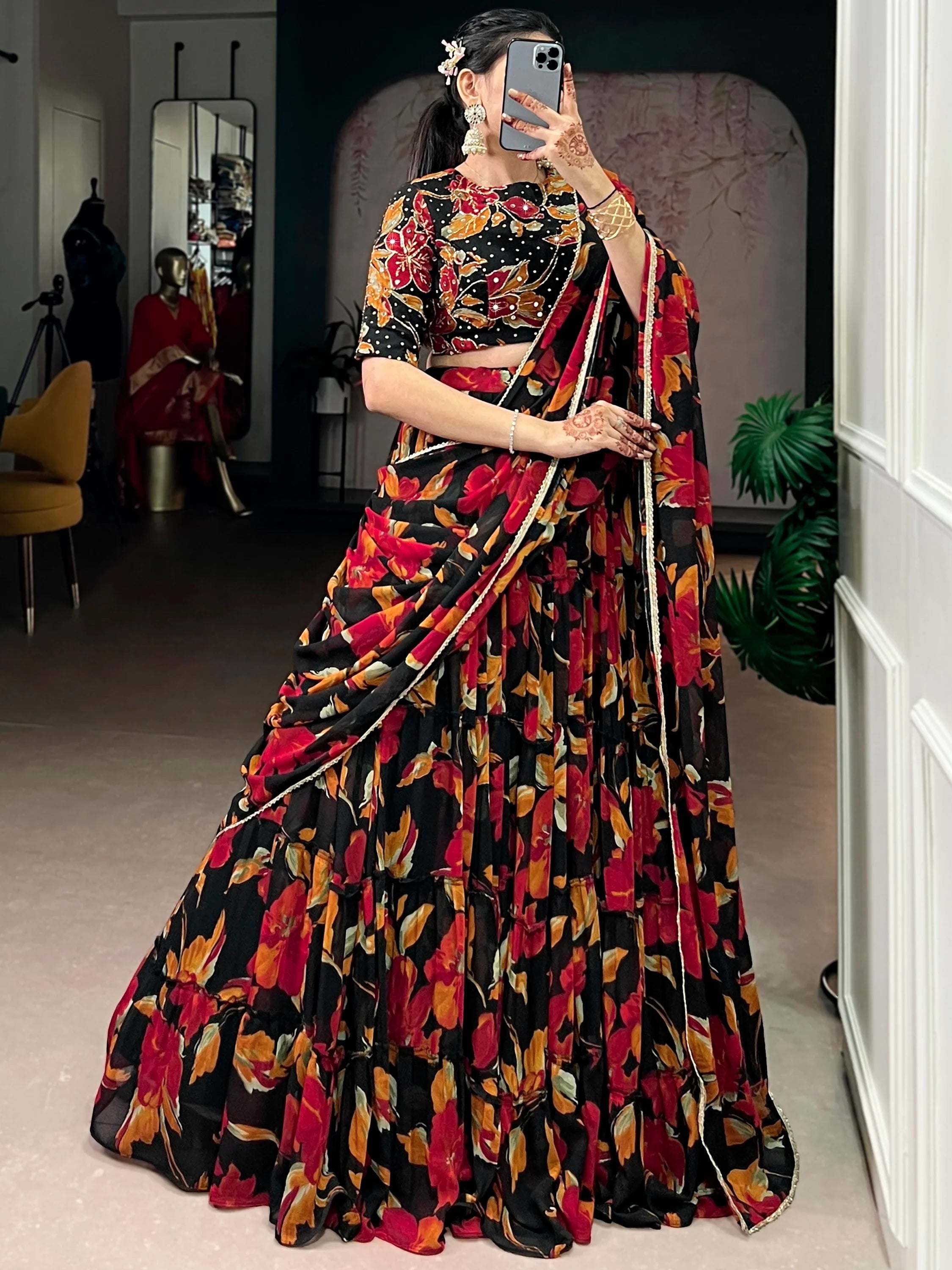 Amazing Black Floral Printed Georgette Function Wear Lehenga Choli