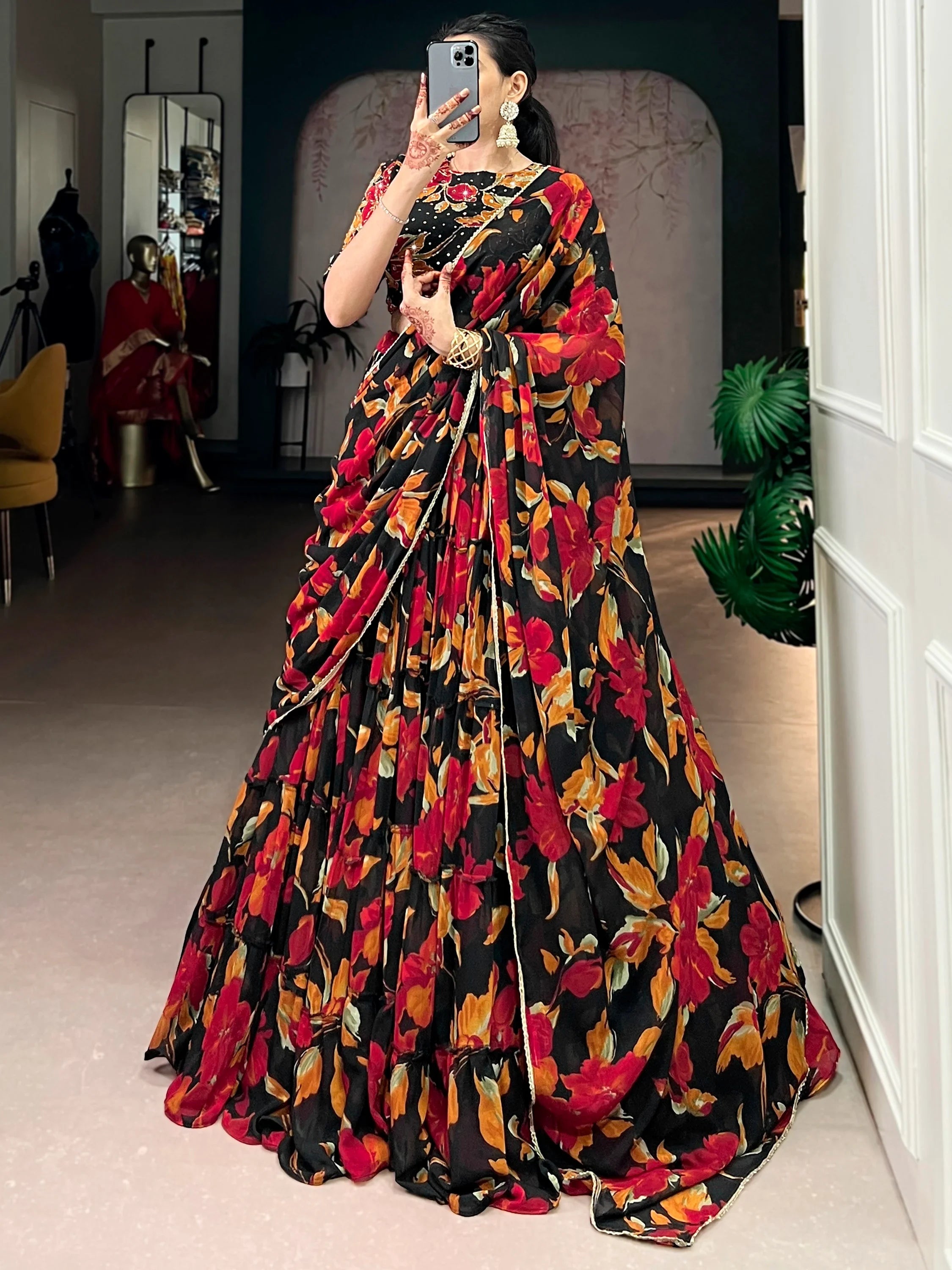 Amazing Black Floral Printed Georgette Function Wear Lehenga Choli