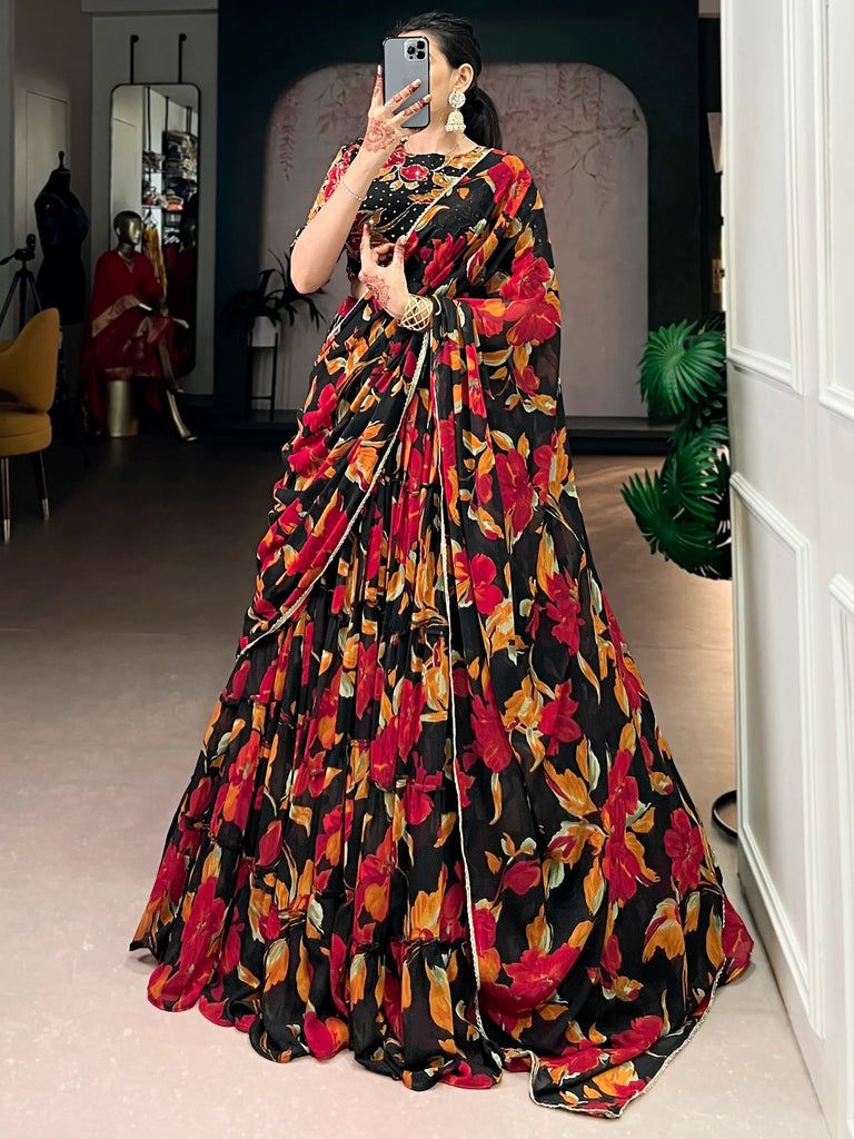 Amazing Black Floral Printed Georgette Function Wear Lehenga Choli