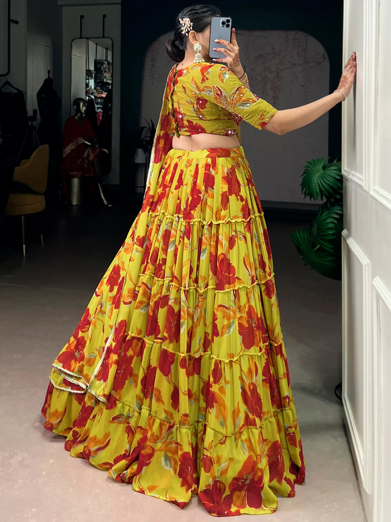 Alluring Yellow Floral Printed Georgette Festival Wear Lehenga Choli