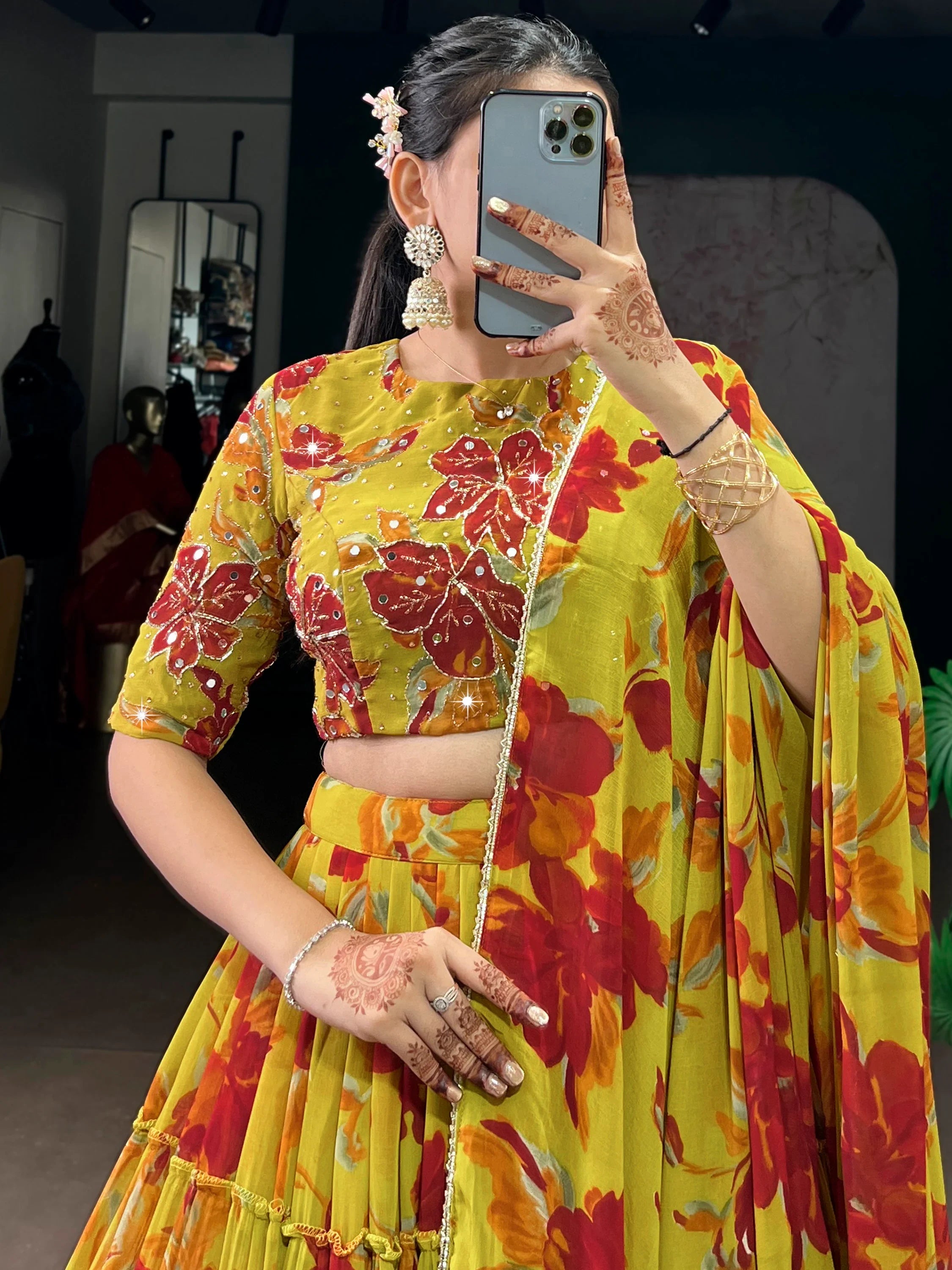 Alluring Yellow Floral Printed Georgette Festival Wear Lehenga Choli