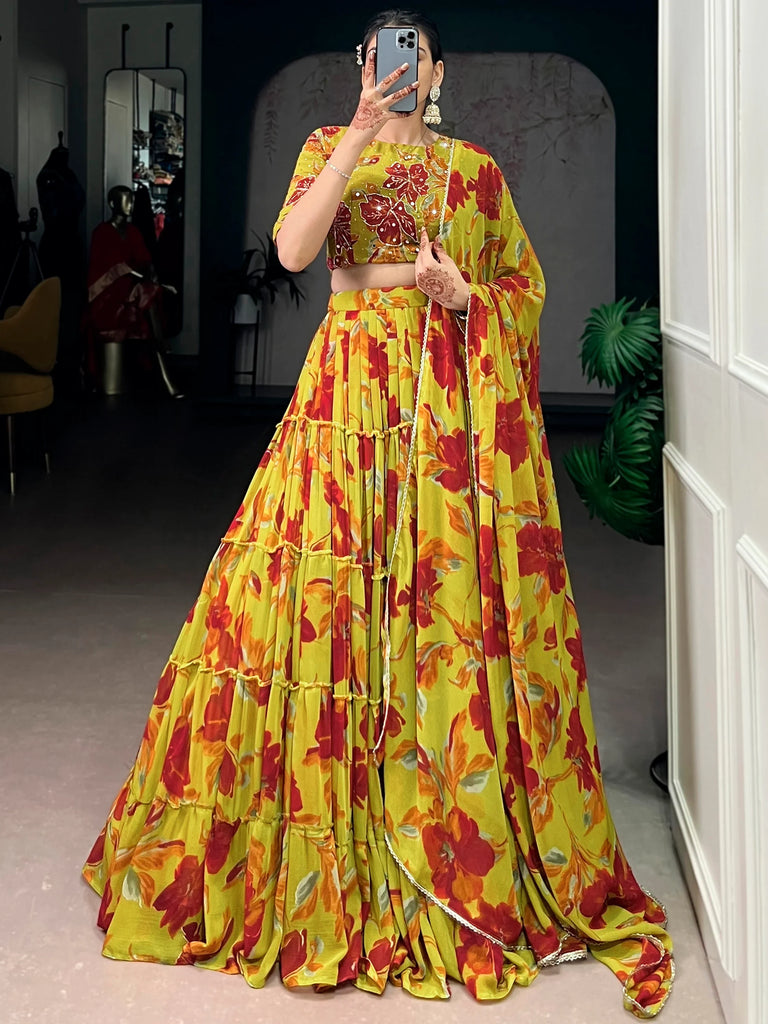 Alluring Yellow Floral Printed Georgette Festival Wear Lehenga Choli