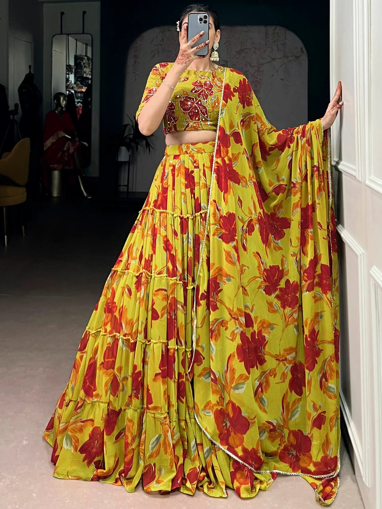 Alluring Yellow Floral Printed Georgette Festival Wear Lehenga Choli