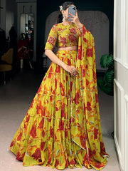 Alluring Yellow Floral Printed Georgette Festival Wear Lehenga Choli