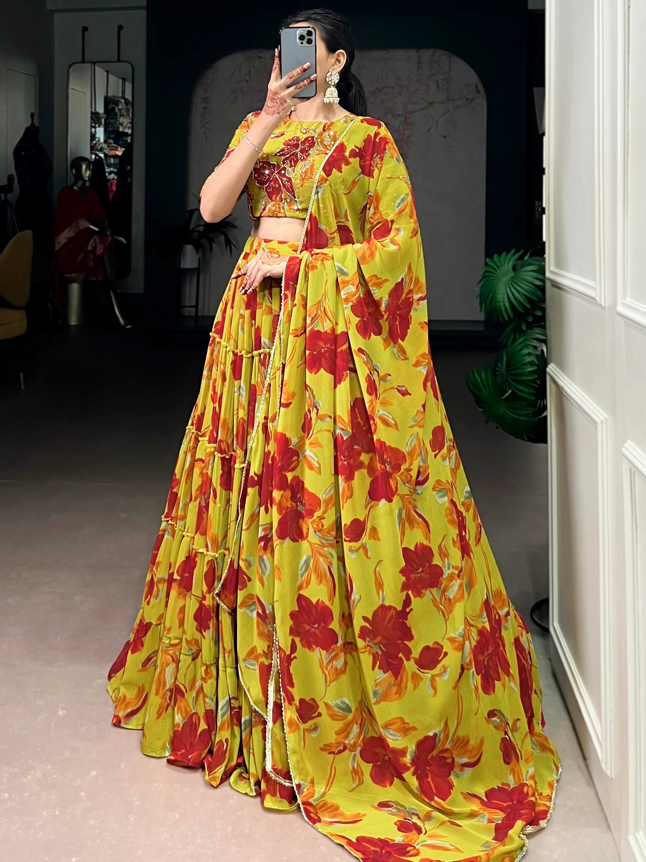 Alluring Yellow Floral Printed Georgette Festival Wear Lehenga Choli