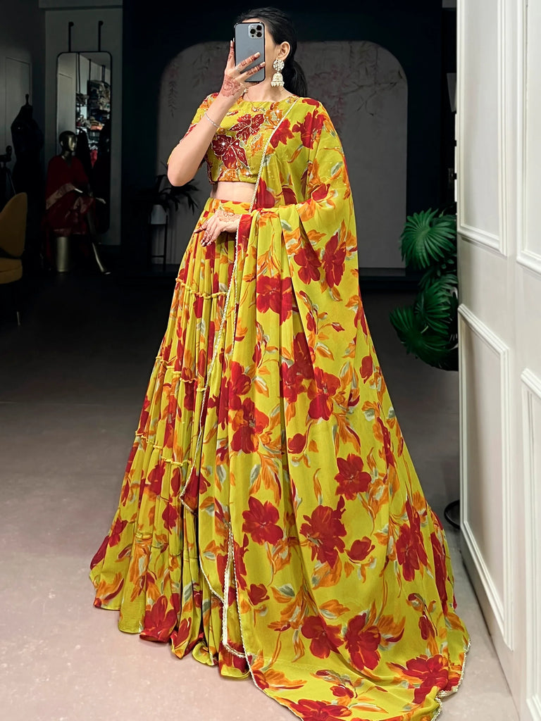 Alluring Yellow Floral Printed Georgette Festival Wear Lehenga Choli