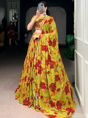 Alluring Yellow Floral Printed Georgette Festival Wear Lehenga Choli