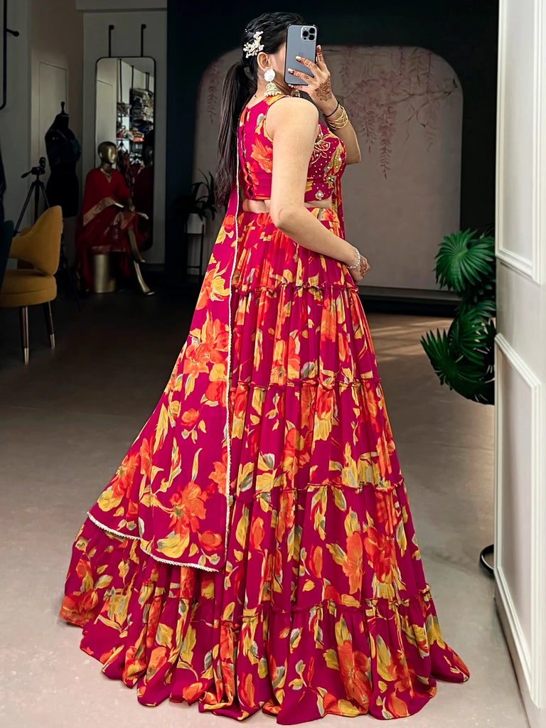Beautiful Pink Floral Printed Georgette Bridesmaid Lehenga Choli