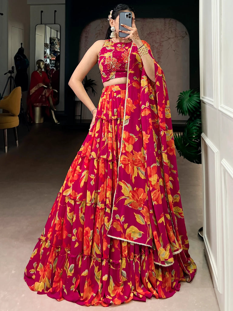 Beautiful Pink Floral Printed Georgette Bridesmaid Lehenga Choli