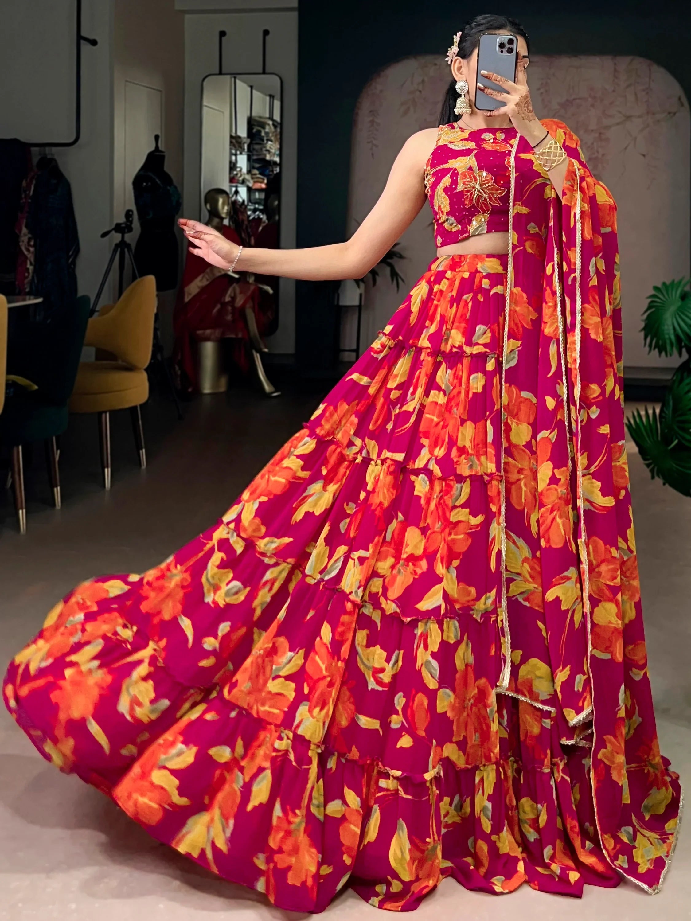 Beautiful Pink Floral Printed Georgette Bridesmaid Lehenga Choli