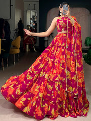 Beautiful Pink Floral Printed Georgette Bridesmaid Lehenga Choli