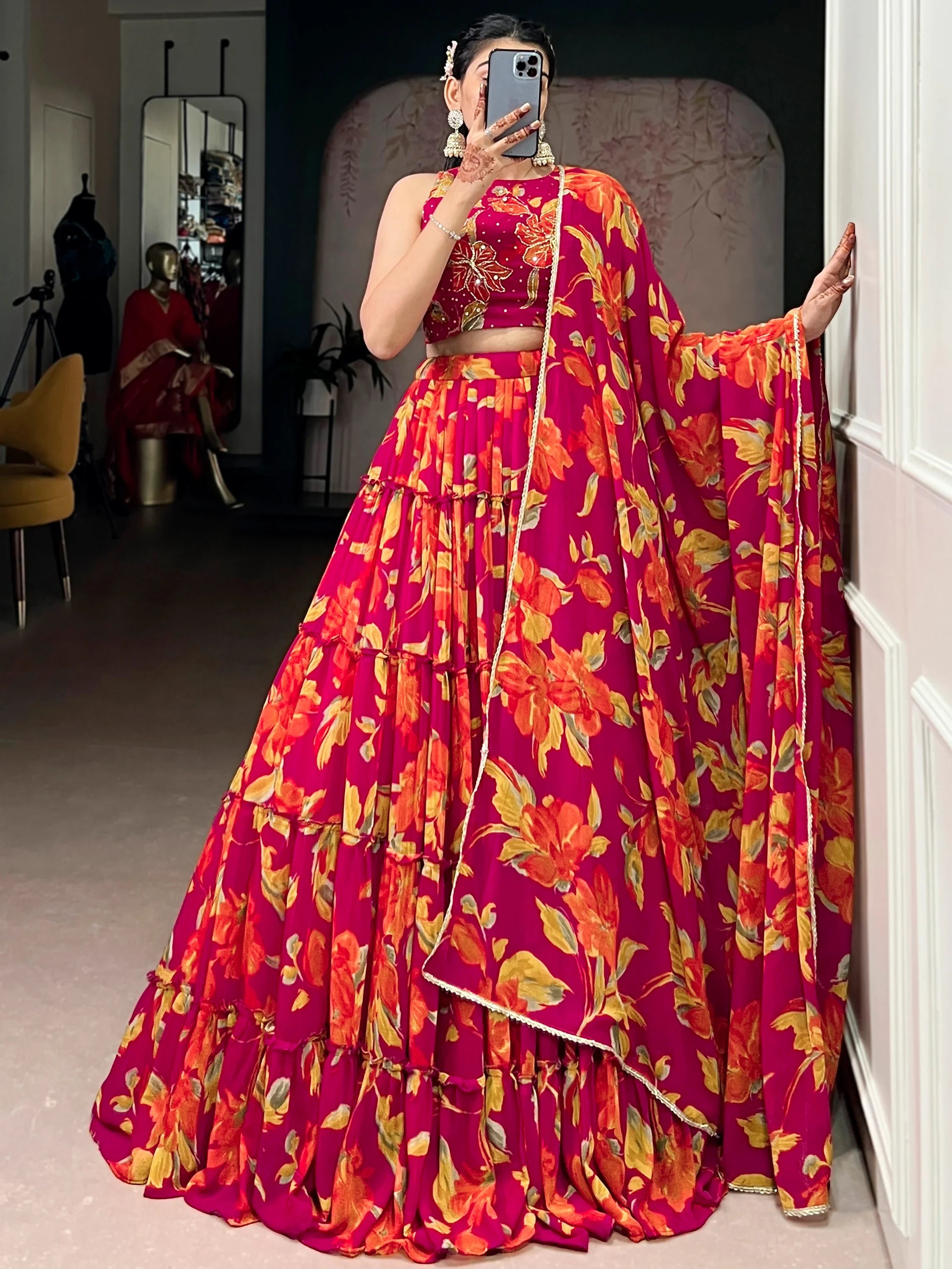 Beautiful Pink Floral Printed Georgette Bridesmaid Lehenga Choli