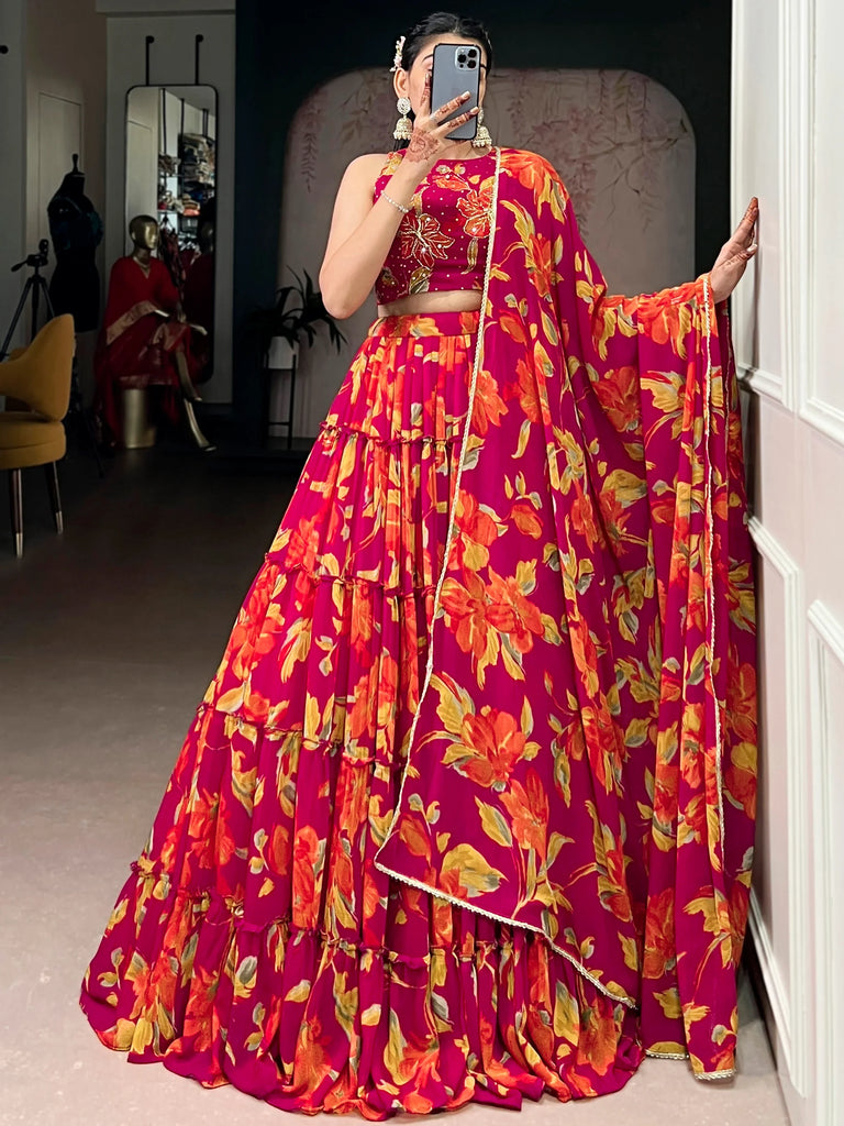 Beautiful Pink Floral Printed Georgette Bridesmaid Lehenga Choli